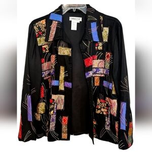 Coldwater Creek Open Front Black Blazer Jacket Tapestry Metallic Embroidered MED